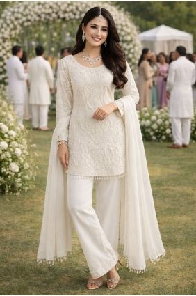 White Georgette Embroidered Patiala Suit with Dupatta PZ4373