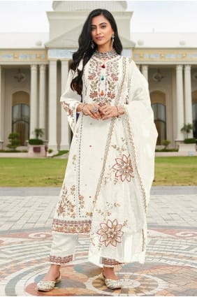 White Salwar Kameez in Embroidered Cotton SK15619