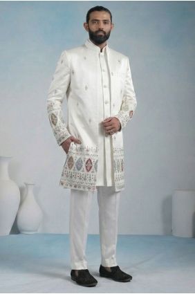 White Men Kurta with Embroidered Satin KURR250