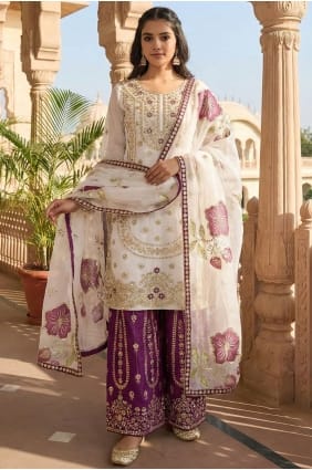 Sequins Silk Eid Palazzo Suit in White with Dupatta PZ4311