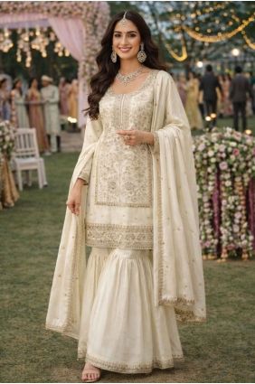 White Silk Embroidered Sharara Suit with Dupatta SS1349