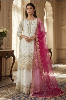 Silk Palazzo Suit with Sequins in White PZ4394