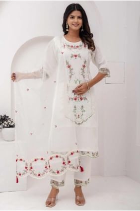 White Straight Pant Suit with Embroidered Silk SK155478