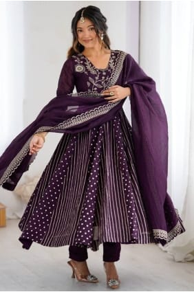 Wine Sequins Silk Anarkali Suit AS4221