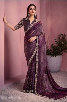 Wine Saree in Embroidered,printed Satin SR29058