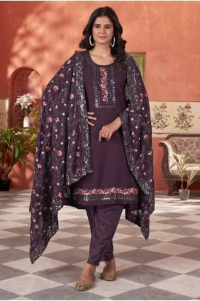Wine Embroidered Salwar Kameez in Georgette SK155032