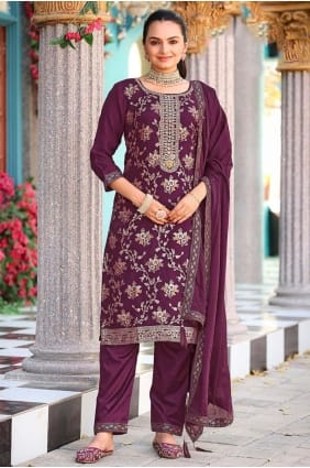 Jacquard Embroidered Wine Salwar Kameez with Dupatta SK155901