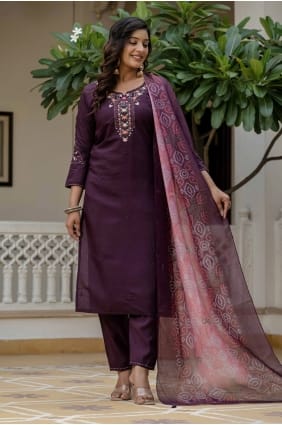 Silk Salwar Kameez with Embroidered in Wine SK155844