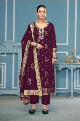 Wine Embroidered Straight Pant Suit in Banarasi silk SK155328