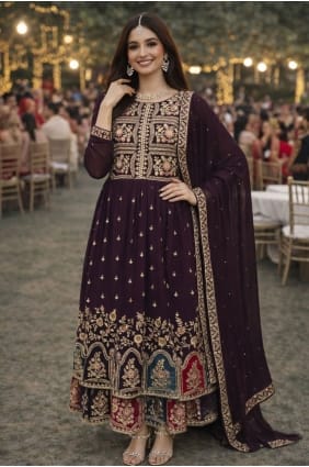 Embroidered Georgette Lehenga Suit in Wine with Dupatta LS092