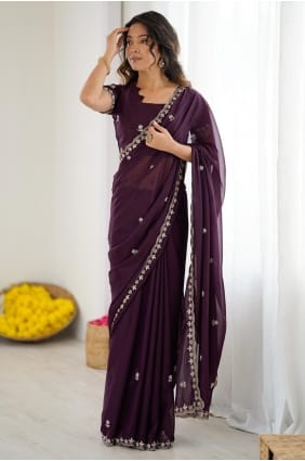 Wine Saree in Embroidered Georgette SR29590