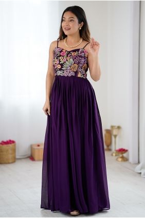 Embroidered Gown Dress in Wine Georgette GW1336