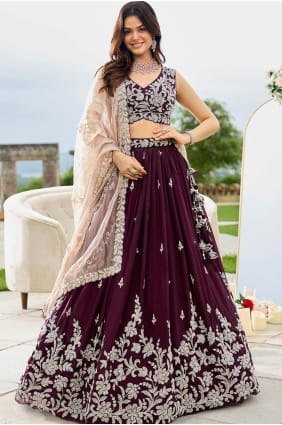 Embroidered Lehenga Choli in Wine Satin LC8729