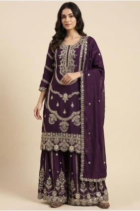 Sequins Silk Eid Palazzo Suit in Wine PZ4272
