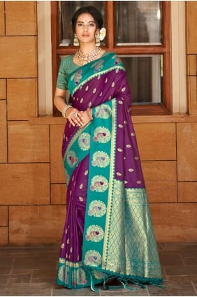 Weaving Silk Saree in Wine with Blouse SR29492