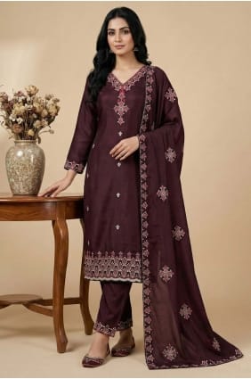 Sequins Silk Salwar Kameez in Wine with Dupatta SK156073