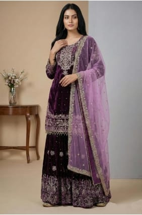 Wine Thread Sharara Suit in Velvet SS1348