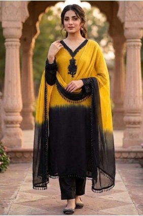Stone with moti Crepe Straight Pant Suit in Yellow with Dupatta SK159222