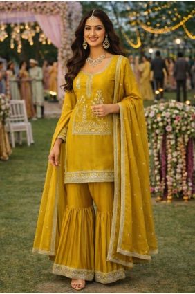 Embroidered Silk Sharara Suit in Yellow SS1350