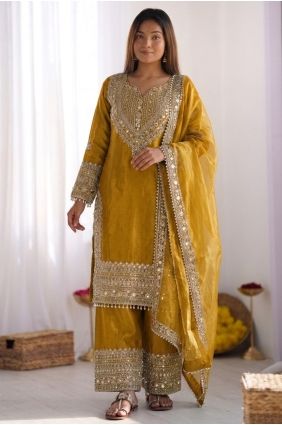 Lace Silk Palazzo Suit in Yellow with Dupatta PZ4487