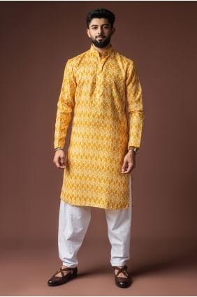 Yellow Men Kurta in Linen with Digital print KURR586