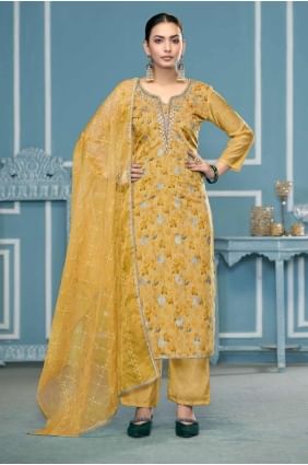 Yellow Organza Embroidered Straight Pant Suit with Dupatta SK155340