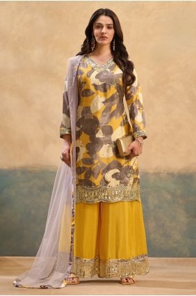 Chinon chiffon Yellow Palazzo Suit in Embroidered PZ4545