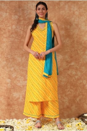Palazzo Suit in Yellow Cotton with Printed PZ4236