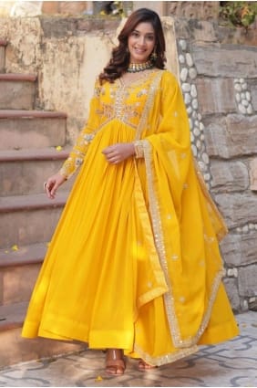 Yellow Faux georgette Sequins Gown Dress with Dupatta GW1210