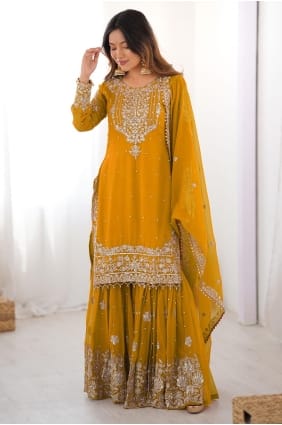 Faux georgette Yellow Sharara Suit in Stone with moti SS1293
