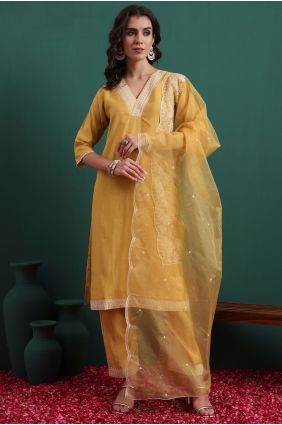 Embroidered Silk Straight Suit in Yellow SK15731