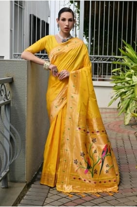 Saree in yellow Banarasi silk with Zari SR29646