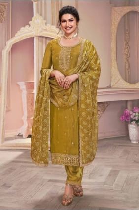 Yellow Straight Pant Suit in Embroidered Georgette SK155118