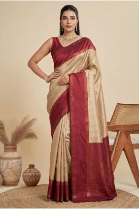 Beige Zari Banarasi raw silk Saree SR30151