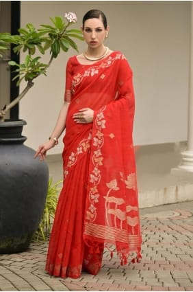 Linen Saree with Zari in Red SR29605