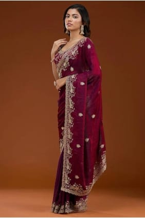 Chiffon Zari Wine Party Wear Saree with Blouse SR29317