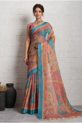 Multicolor Zari,printed Linen Saree SR30169