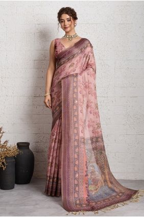 Saree in Pink Linen with Zari,printed SR30168