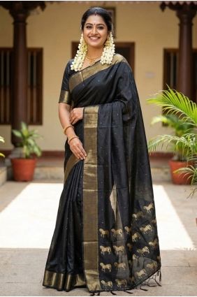 Black Zari Printed Silk Saree for Women SR29874