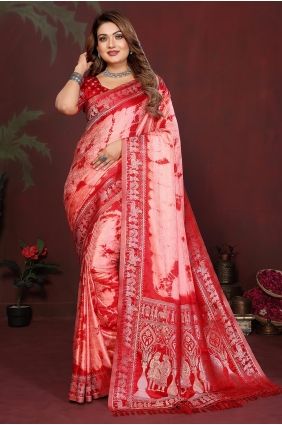 Red Satin Saree with Zari Work SR29859