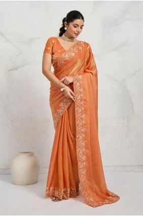 Zari,sequins Chiffon Saree in Orange SR29719