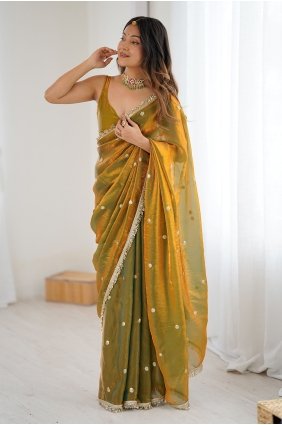 Golden Zari,sequins,embroidered Saree in Satin SR30340