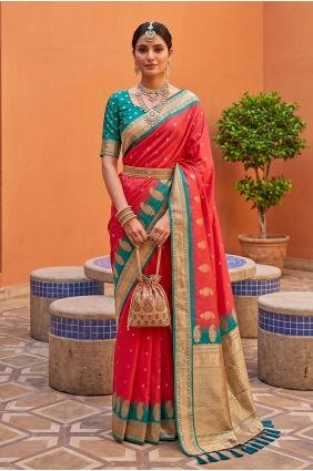 Carrot pink Saree in Silk with Zari SR30123
