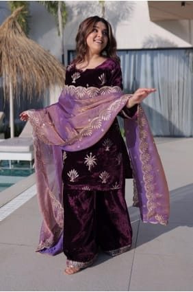 Velvet Sharara Suit in Wine with Zari SS1304