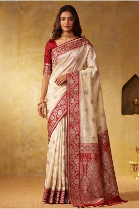 White Saree in Silk with Zari,weaving SR30328