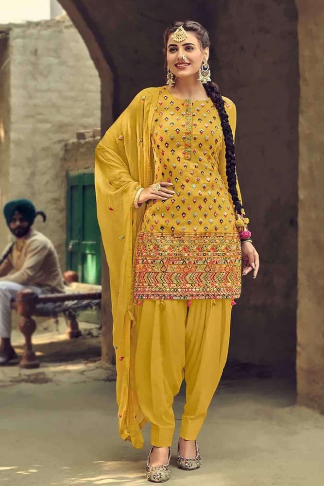 Yellow Patiala suit Online, Designer Faux georgette Patiala suit