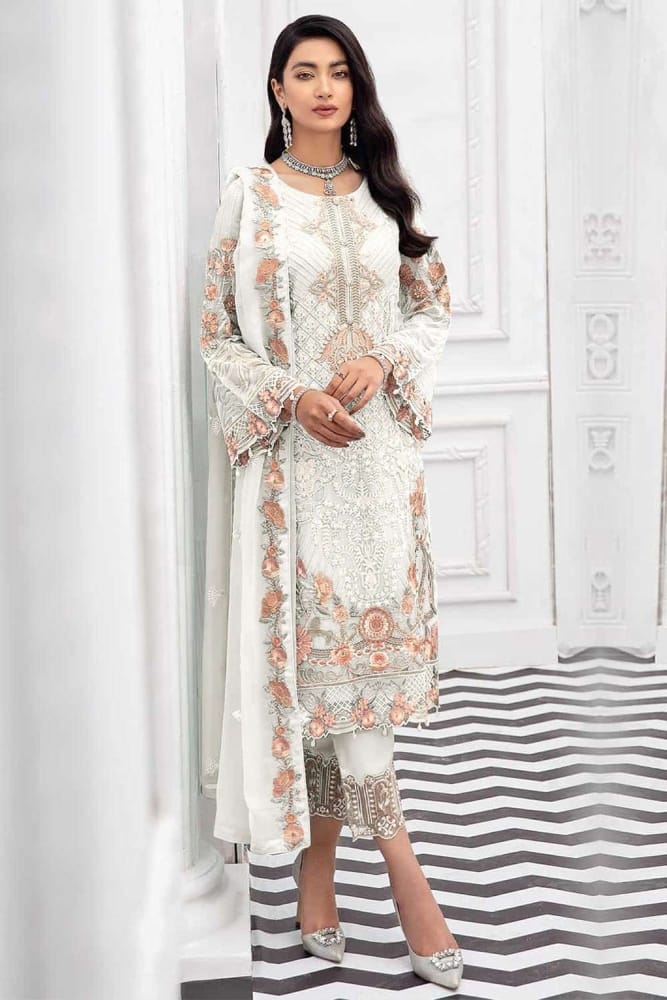 White Salwar kameez Online, Designer Faux georgette Salwar kameez