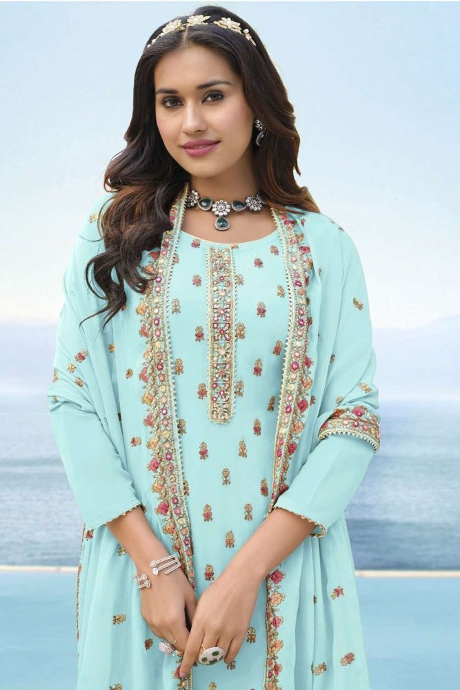sea green color dress pakistani Latest Sea Green Pakistani Dress in Chiffon Online 2022 CUSTOM SIZES main image 1