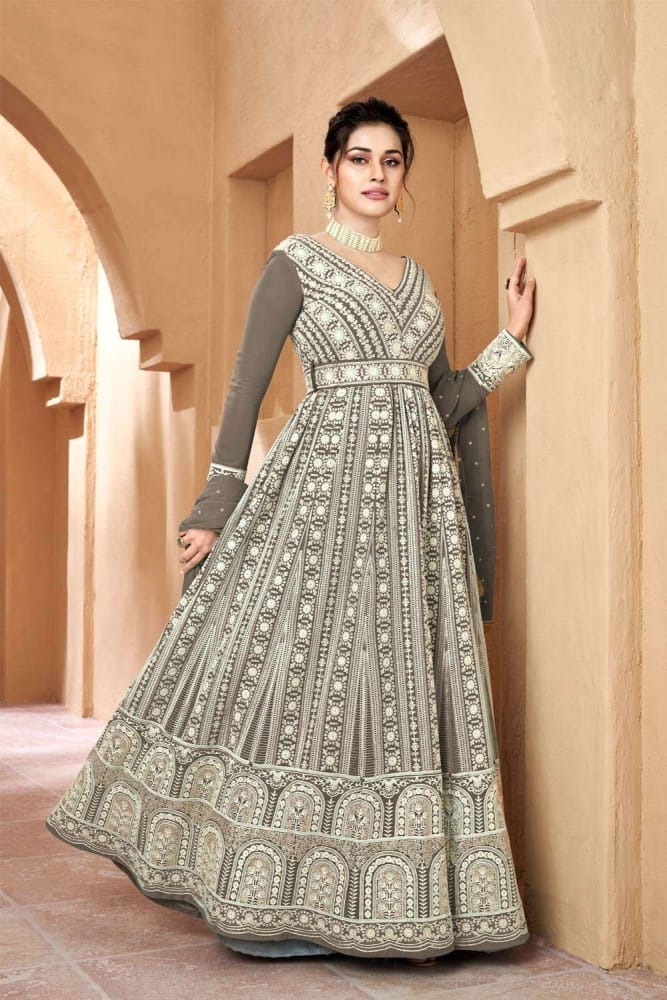grey embroidered dress Buy Grey Floral Printed Dress with Peach Drape Online for Woman