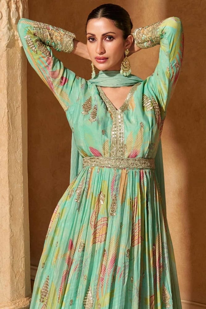 sachin and babi light blue dress Green Chiffon Anarkali Suit With Gold Border 9325SL01